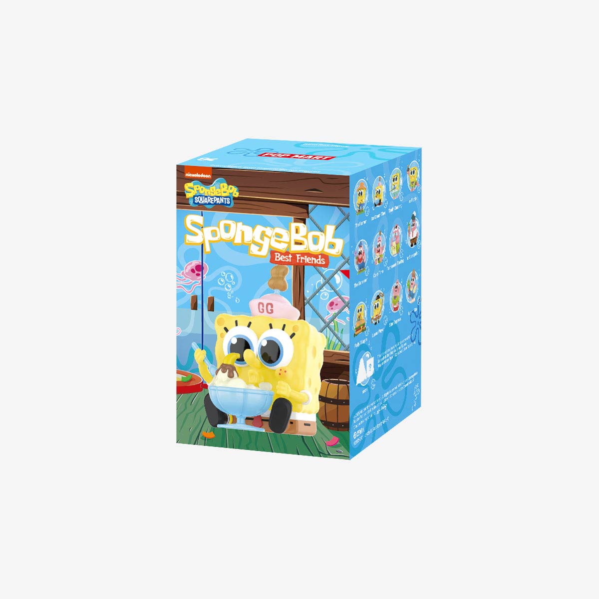 Sealed blind box of Ralphie's Funhouse POPMART SpongeBob Best Friends Series figures with colorful character artwork.