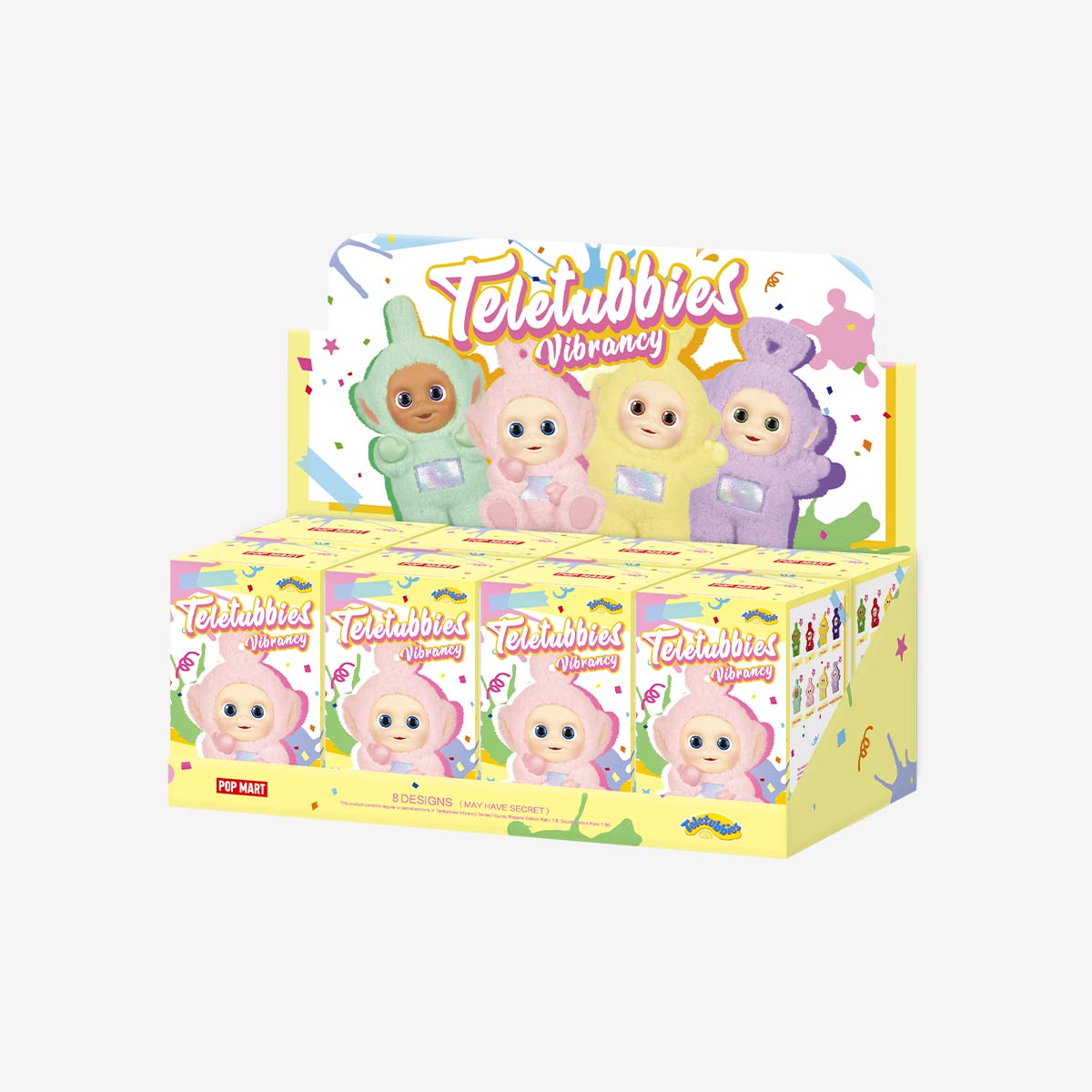 Sealed blind box of POPMART Teletubbies Vibrancy Series figures from Ralphie's Funhouse, showcasing colorful collectible toys inside.