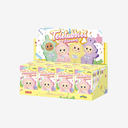 Sealed blind box of POPMART Teletubbies Vibrancy Series figures from Ralphie's Funhouse, showcasing colorful collectible toys inside.