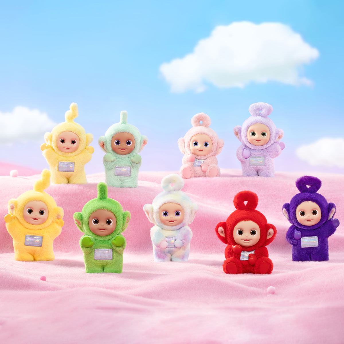 Sealed blind box of POPMART Teletubbies Vibrancy Series Figures by Ralphie's Funhouse, showing colorful packaging and figures inside.