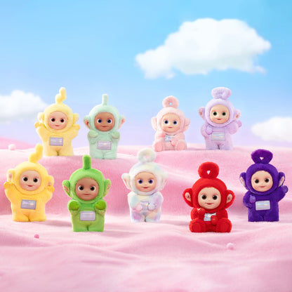 Sealed blind box of POPMART Teletubbies Vibrancy Series Figures by Ralphie's Funhouse, showing colorful packaging and figures inside.
