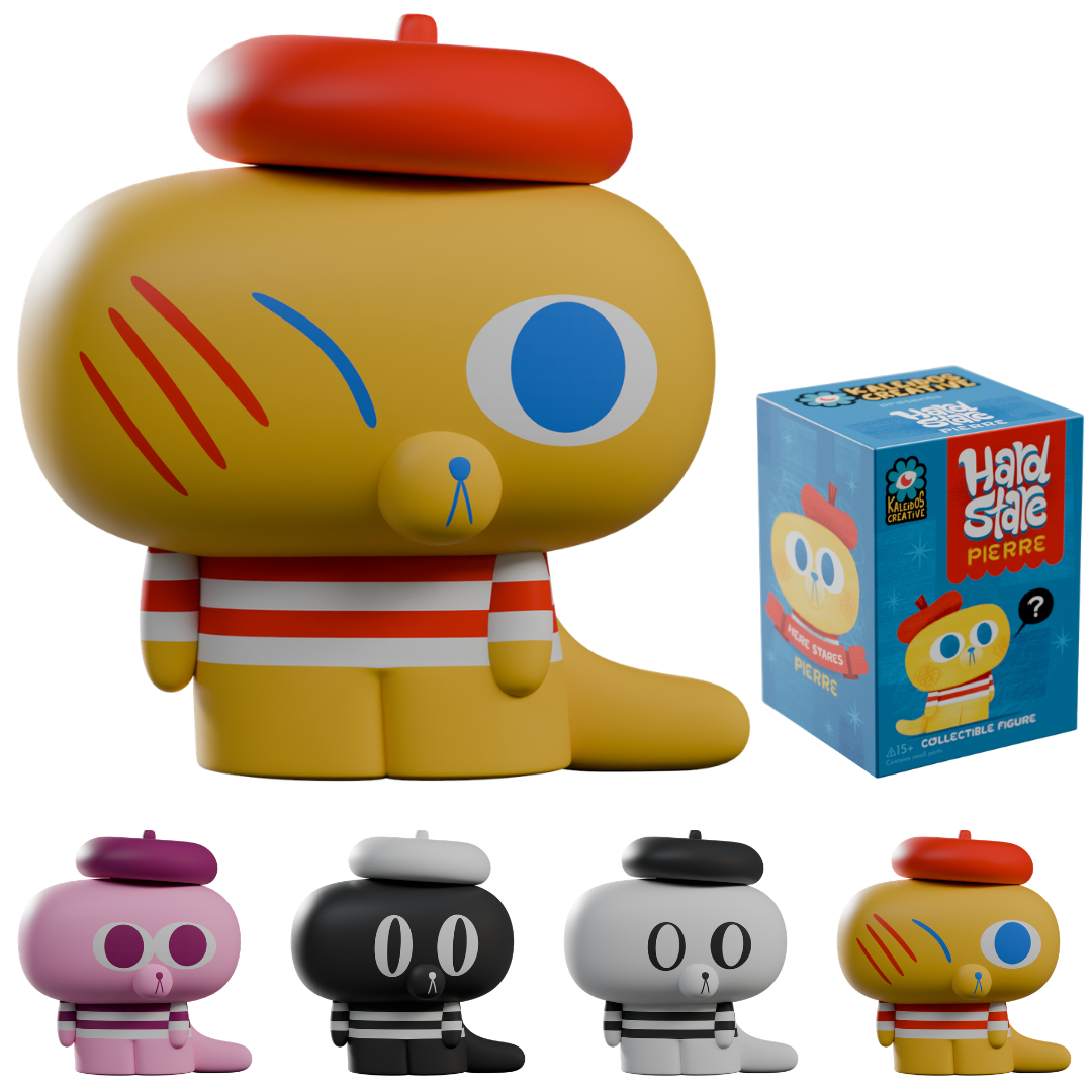 Sealed Kaleidos Creative Hard Stare Pierre blind box from Ralphie's Funhouse, showcasing colorful packaging and collectible toy inside.