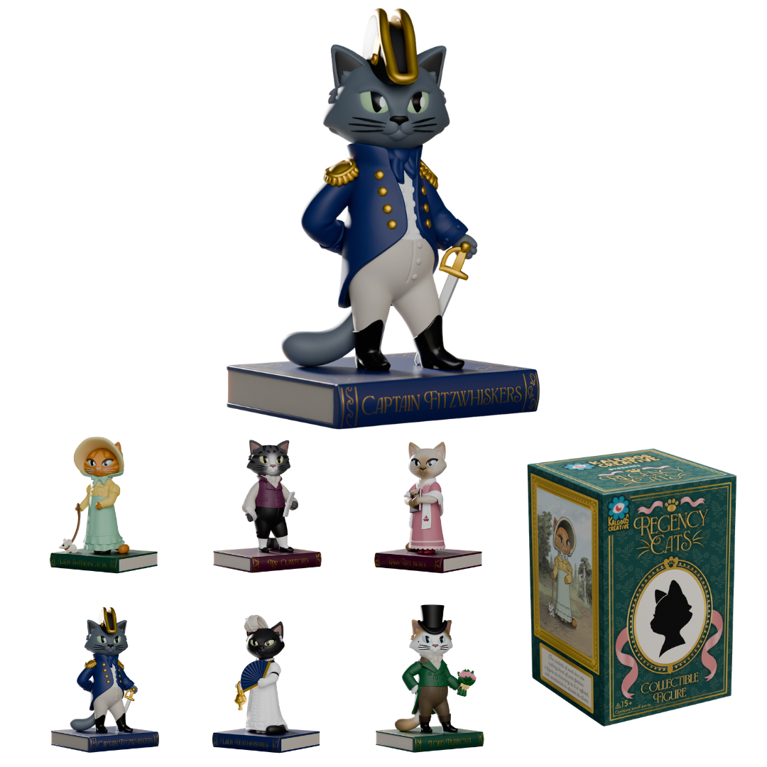 Sealed Kaleidos Creative Regency Cats blind box by Ralphie's Funhouse showing colorful illustrated cat characters inside.