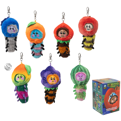 Sealed blind box featuring Kaleidos Creative Wooly Bear and Friends plush keychain from Ralphie's Funhouse, showing colorful plush toys inside.