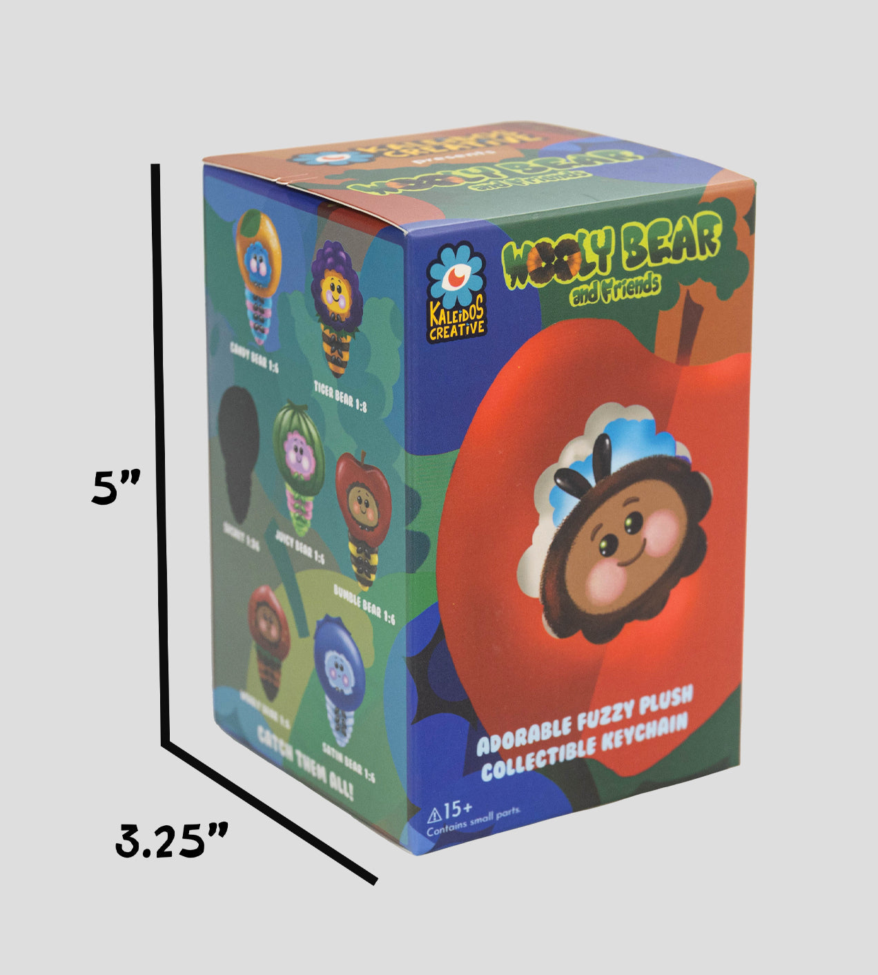 Sealed blind box featuring Kaleidos Creative Wooly Bear and Friends plush keychain by Ralphie's Funhouse.