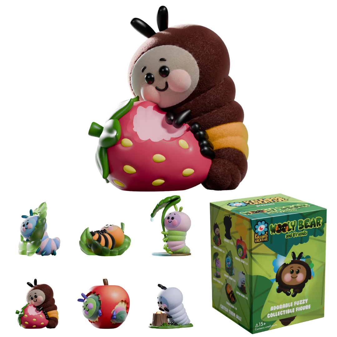 Sealed vinyl blind box featuring Wooly Bear and friends from Kaleidos Creative by Ralphie's Funhouse, showcasing colorful plush characters.
