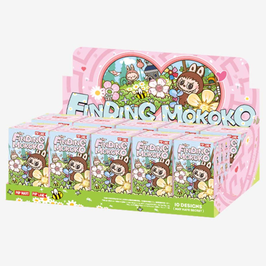 Sealed blind box of POPMART Labubu Finding MOKOKO Series figures by Ralphie's Funhouse, featuring colorful collectible characters inside.
