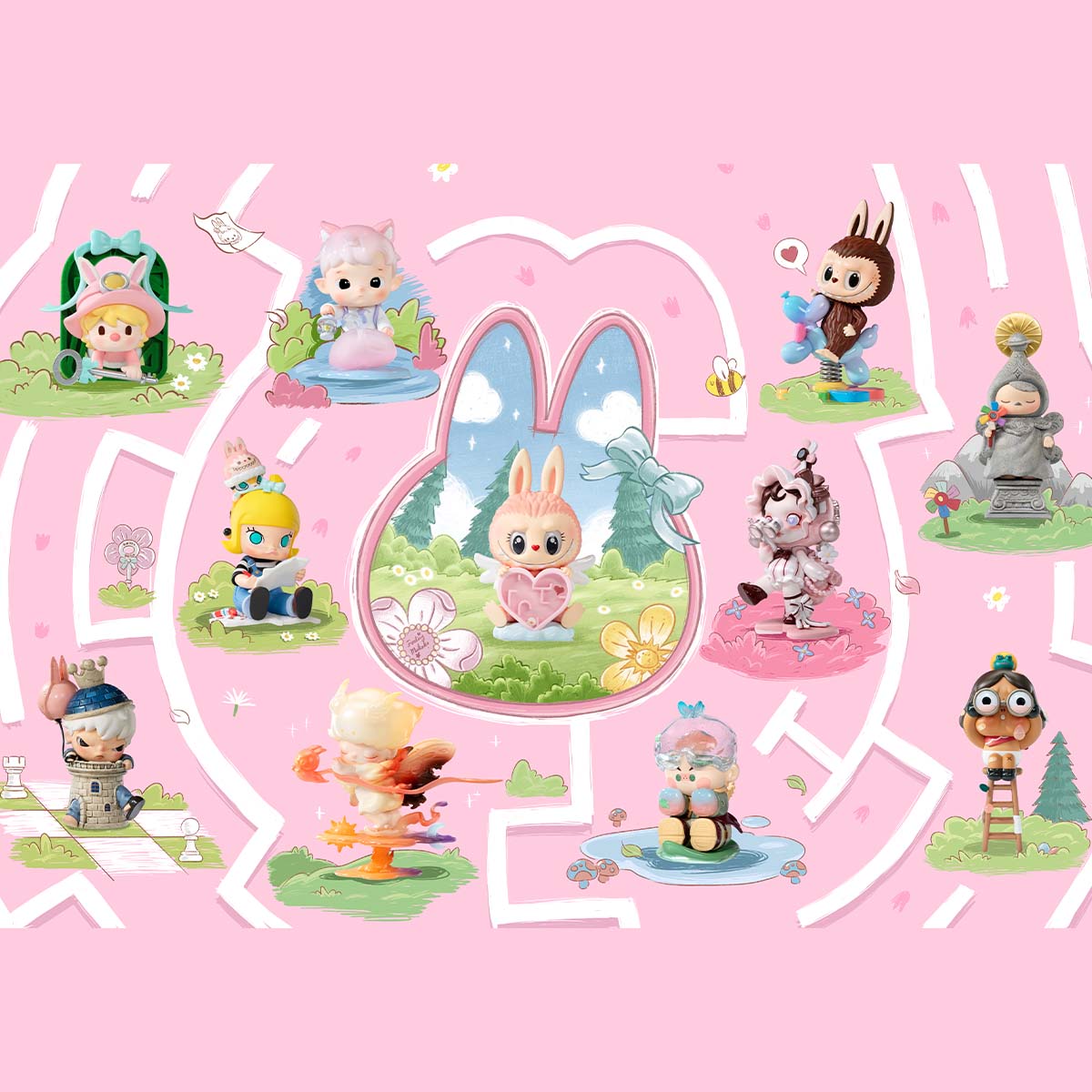 Sealed blind box featuring Popmart Labubu Finding Mokoko Series figures by Ralphie's Funhouse, showcasing colorful collectible toys inside.