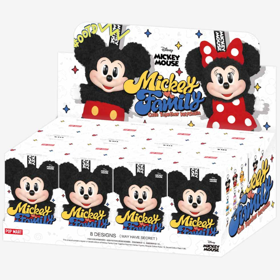 Set of POPMART Mickey Family keychain figures from Ralphie's Funhouse series, featuring cute Disney characters in blind box packaging.