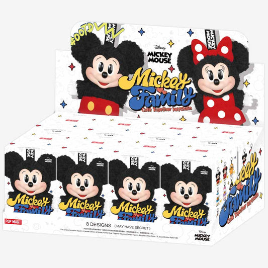 Set of POPMART Mickey Family keychain figures from Ralphie's Funhouse series, featuring cute Disney characters in blind box packaging.