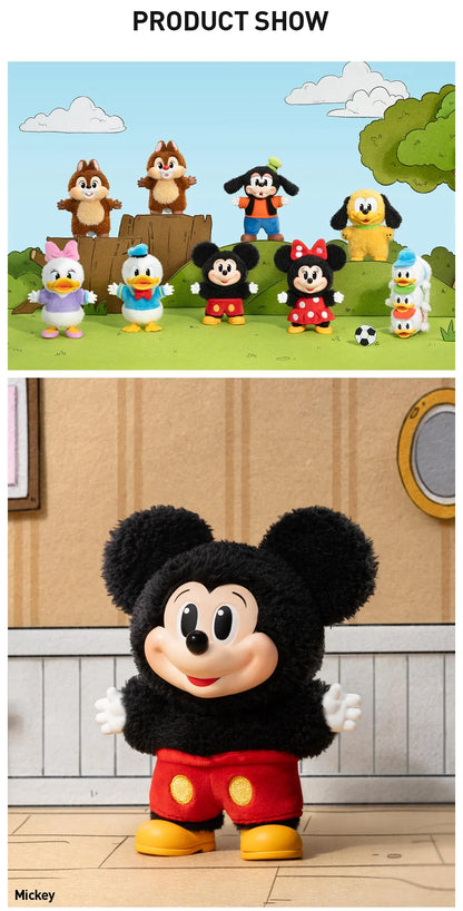 Cute Mickey Family keychain figures from PopMart series, featuring Ralphie's Funhouse design, in a colorful blind box packaging.
