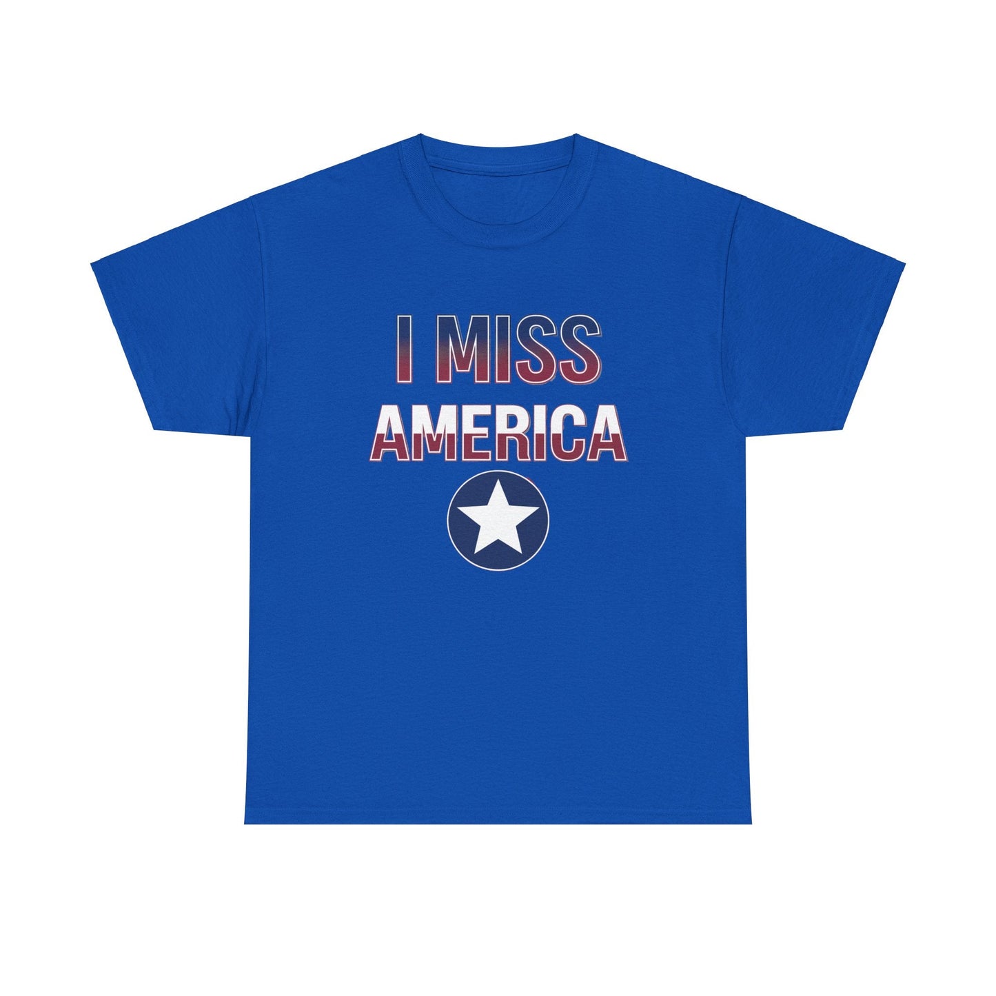 Unisex heavy cotton T-shirt featuring "I Miss America" star graphic in black and white, by Ralphie's Funhouse.