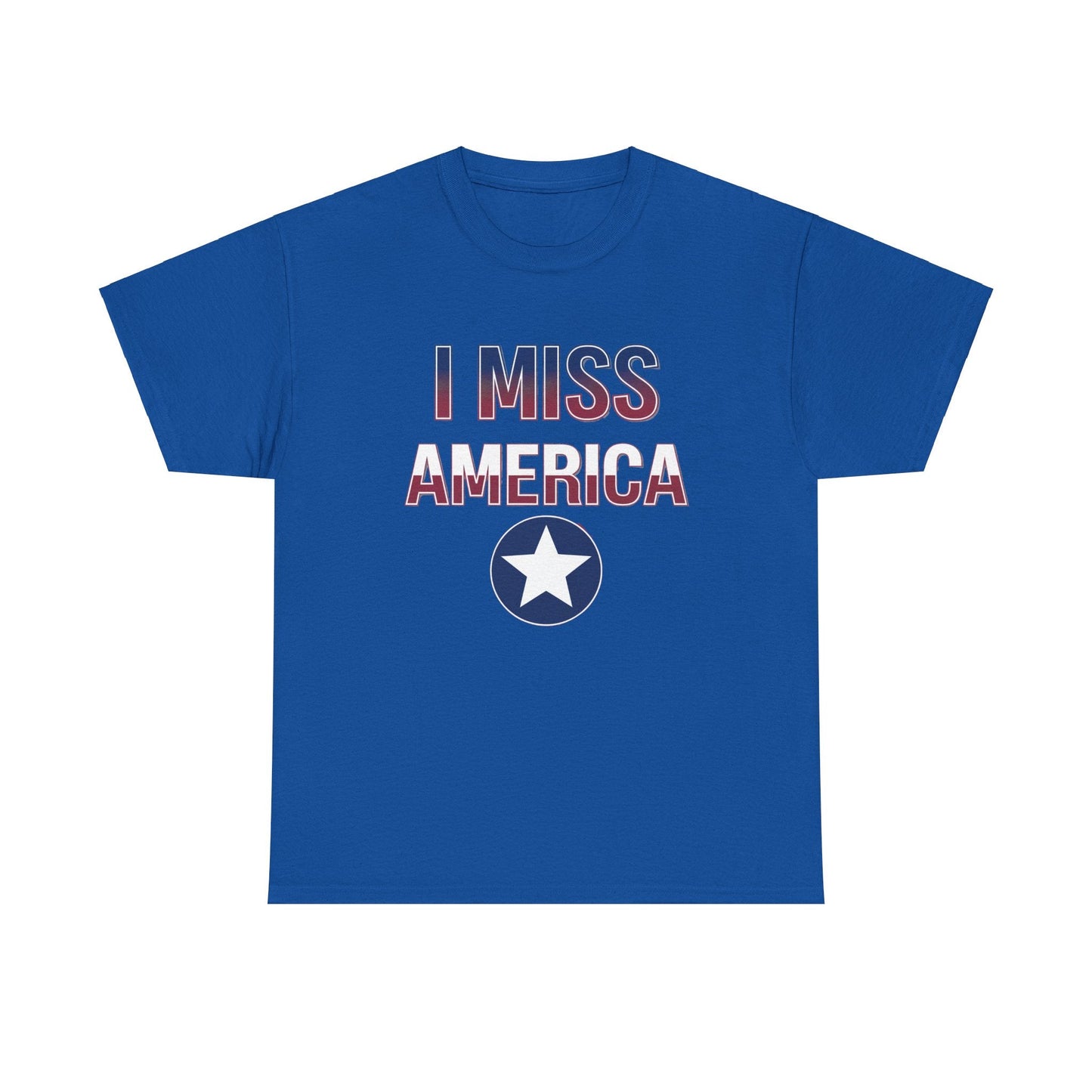 Unisex heavy cotton T-shirt with "I Miss America" star graphic by Ralphie's Funhouse, displayed on a plain background.