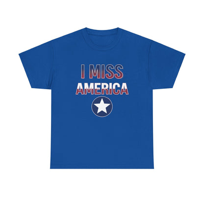 Unisex heavy cotton T-shirt with "I Miss America" star graphic by Ralphie's Funhouse, displayed on a plain background.