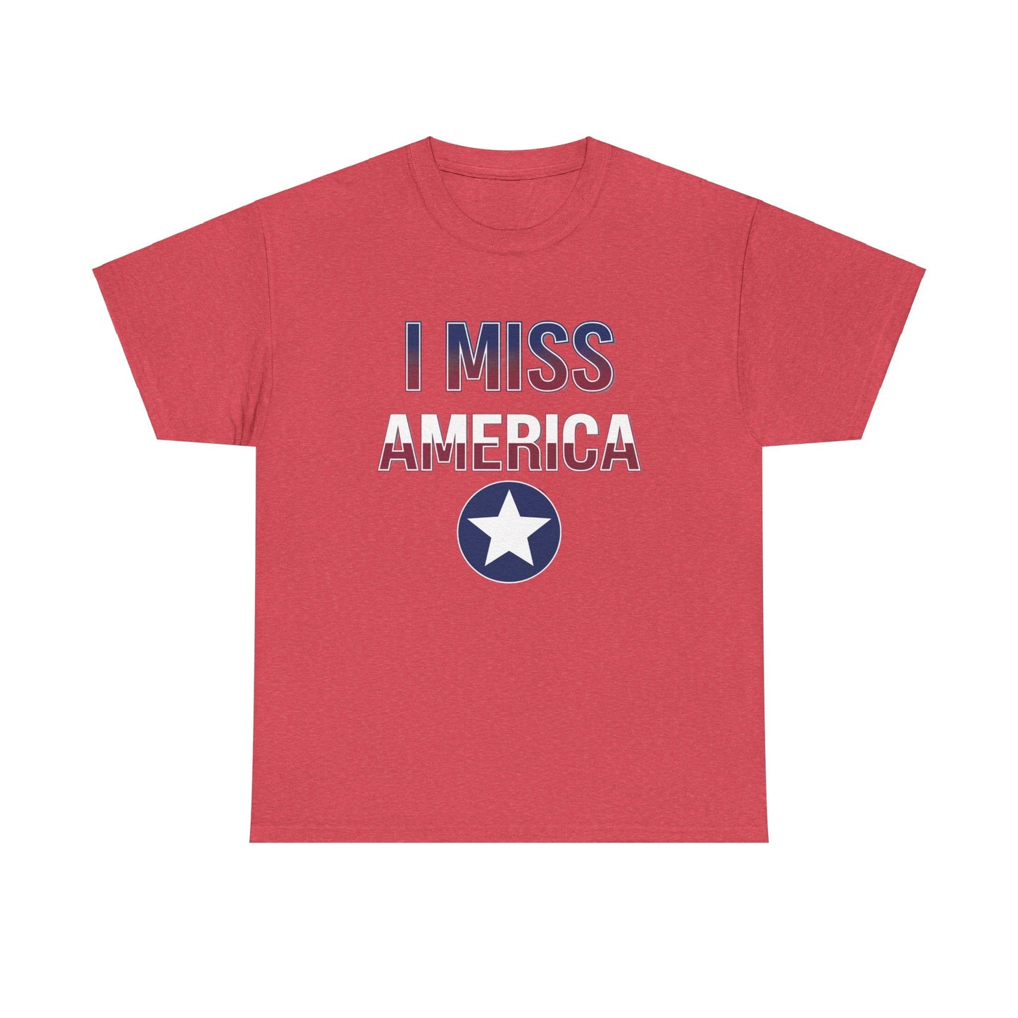 Unisex heavy cotton T-shirt featuring "I Miss America" star design by Ralphie's Funhouse, shown in black and white.
