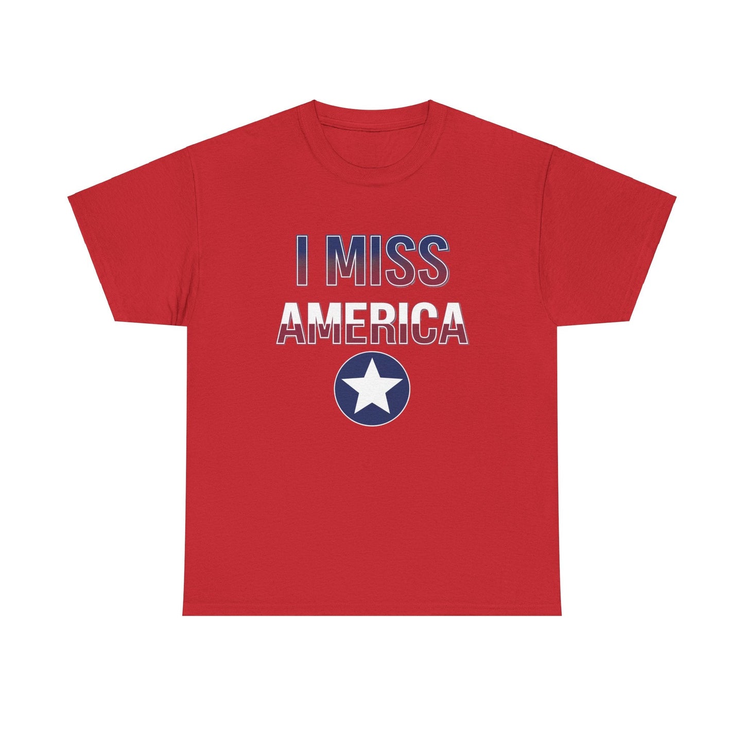 Unisex heavy cotton T-shirt featuring "I Miss America" star design, by Ralphie's Funhouse, displayed on a plain background.