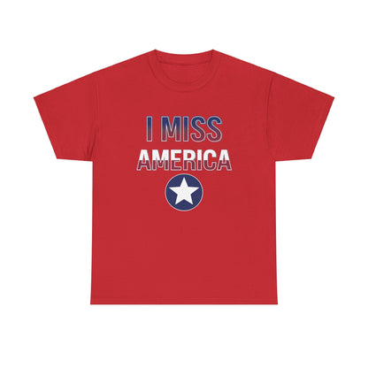 Unisex heavy cotton T-shirt featuring "I Miss America" star design, by Ralphie's Funhouse, displayed on a plain background.