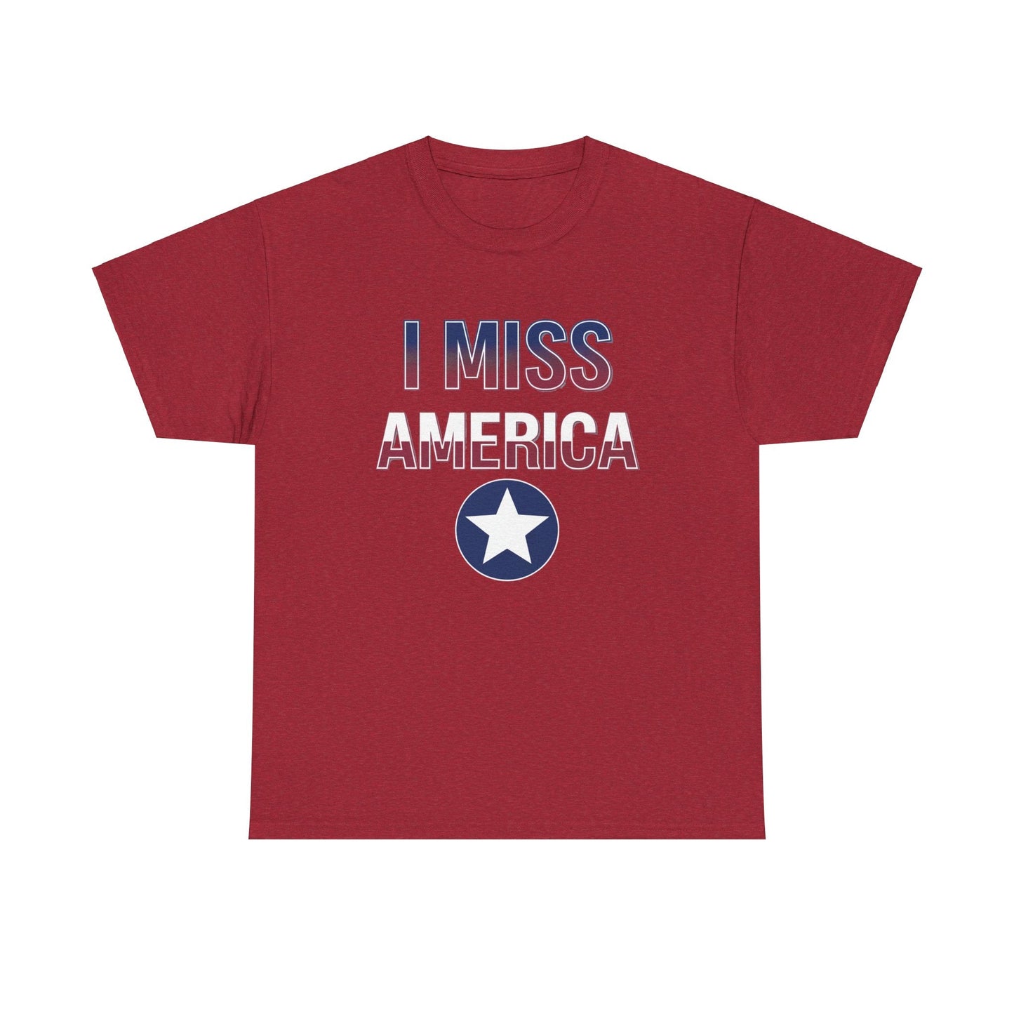 Unisex heavy cotton T-shirt with "I Miss America" star graphic in black and white, designed by Ralphie's Funhouse.