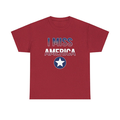 Unisex heavy cotton T-shirt with "I Miss America" star graphic in black and white, designed by Ralphie's Funhouse.