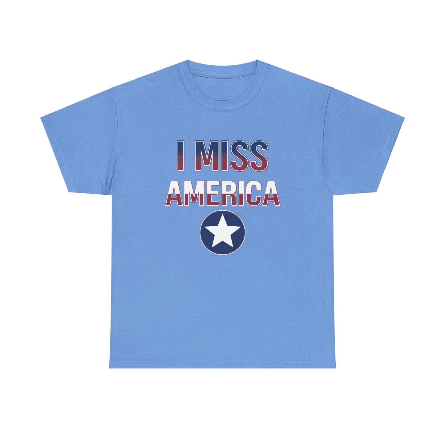 Unisex white cotton T-shirt with "I Miss America" star graphic by Ralphie's Funhouse, casual wear with patriotic design.