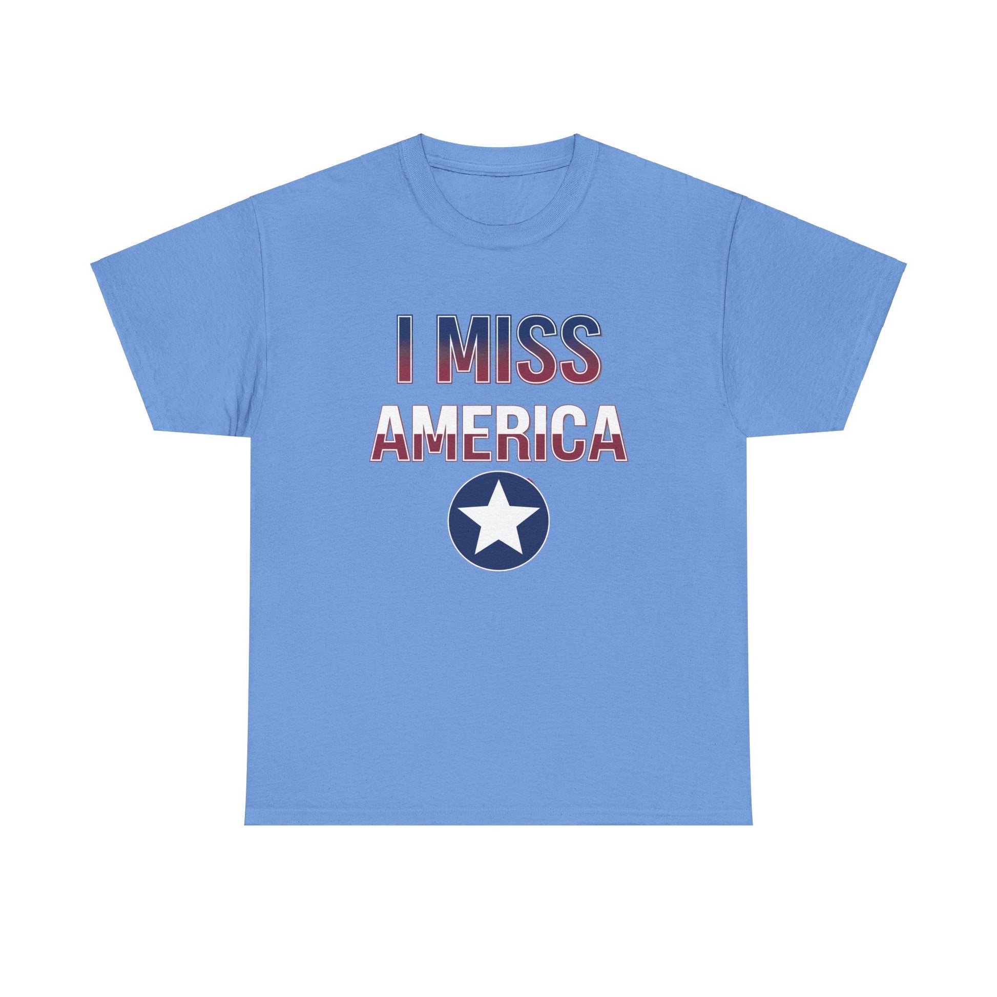 Unisex white cotton T-shirt with "I Miss America" star graphic by Ralphie's Funhouse, casual wear with patriotic design.