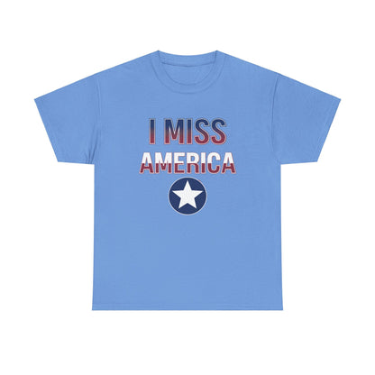 Unisex white cotton T-shirt with "I Miss America" star graphic by Ralphie's Funhouse, casual wear with patriotic design.