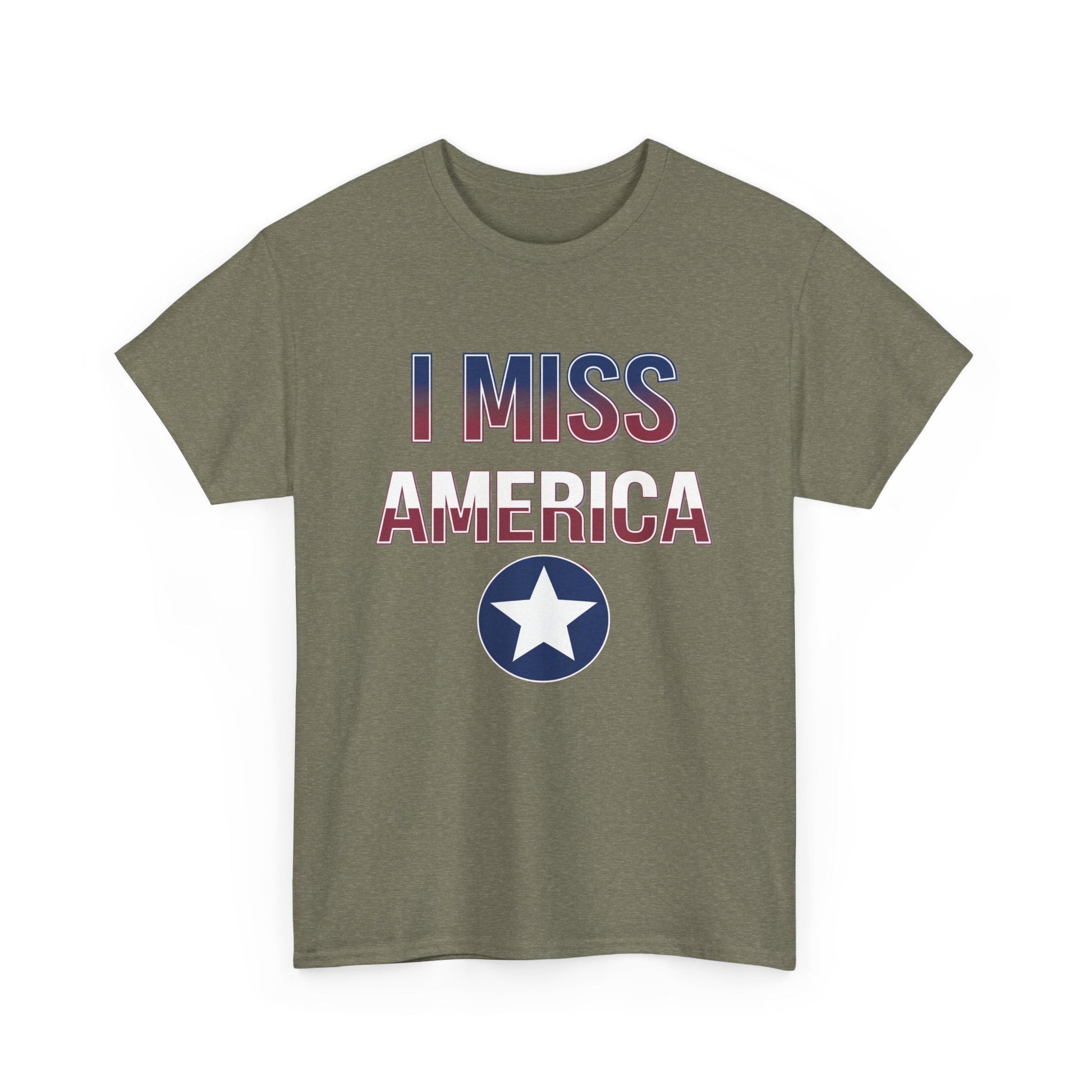 Unisex heavy cotton T-shirt with "I Miss America" star graphic by Ralphie's Funhouse, casual and comfortable fit.