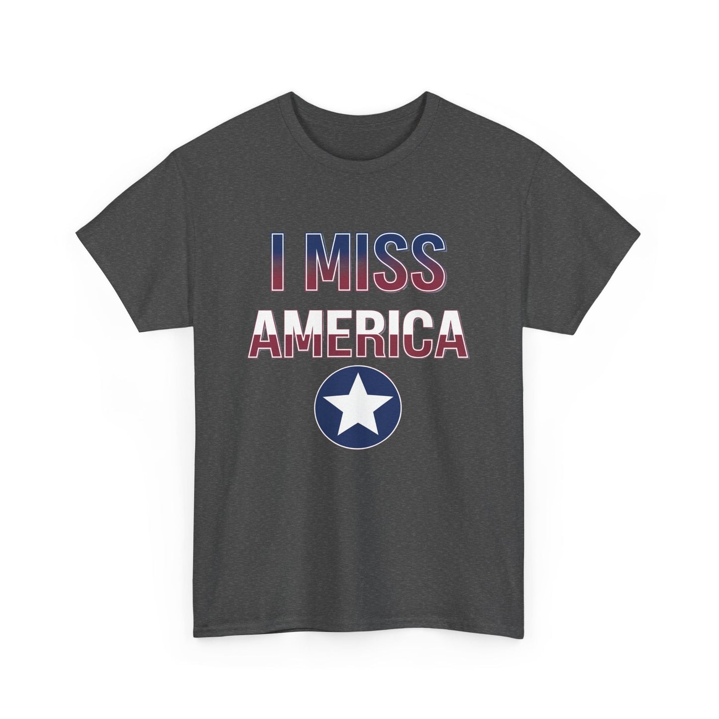 Unisex heavy cotton T-shirt featuring "I Miss America" star design, Ralphie's Funhouse brand, casual graphic tee.
