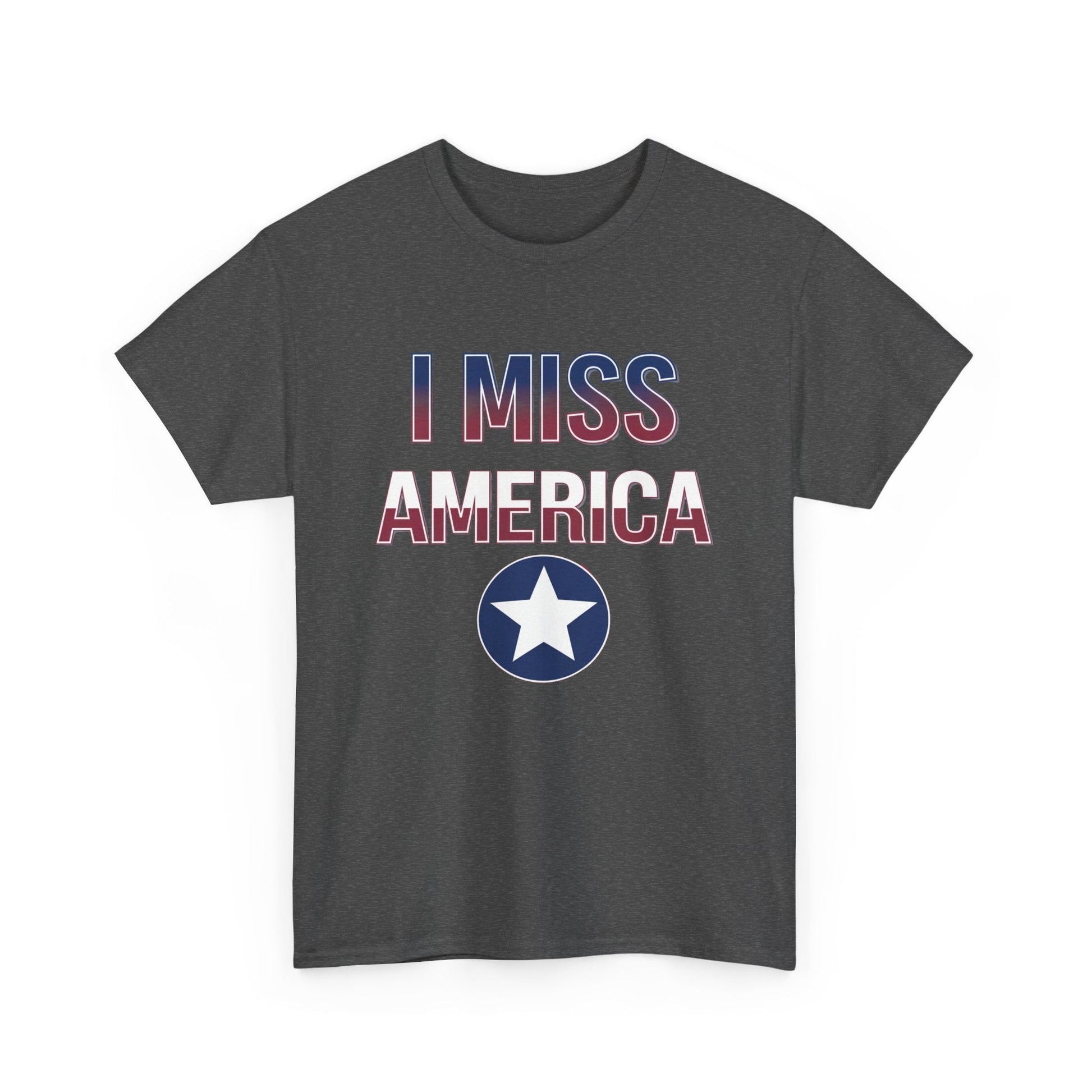 Unisex heavy cotton T-shirt featuring "I Miss America" star design, Ralphie's Funhouse brand, casual graphic tee.