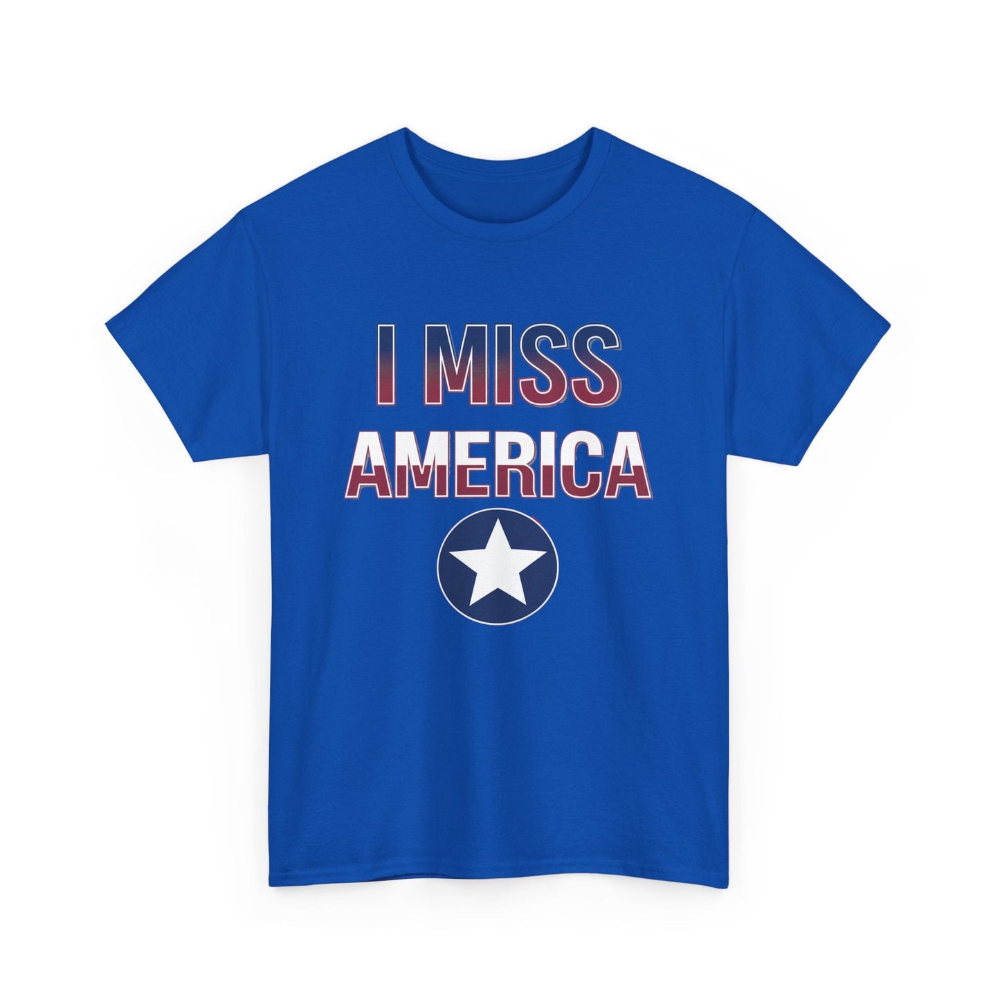 Unisex heavy cotton T-shirt with "I Miss America" star graphic by Ralphie's Funhouse, shown in black and white on a white background.