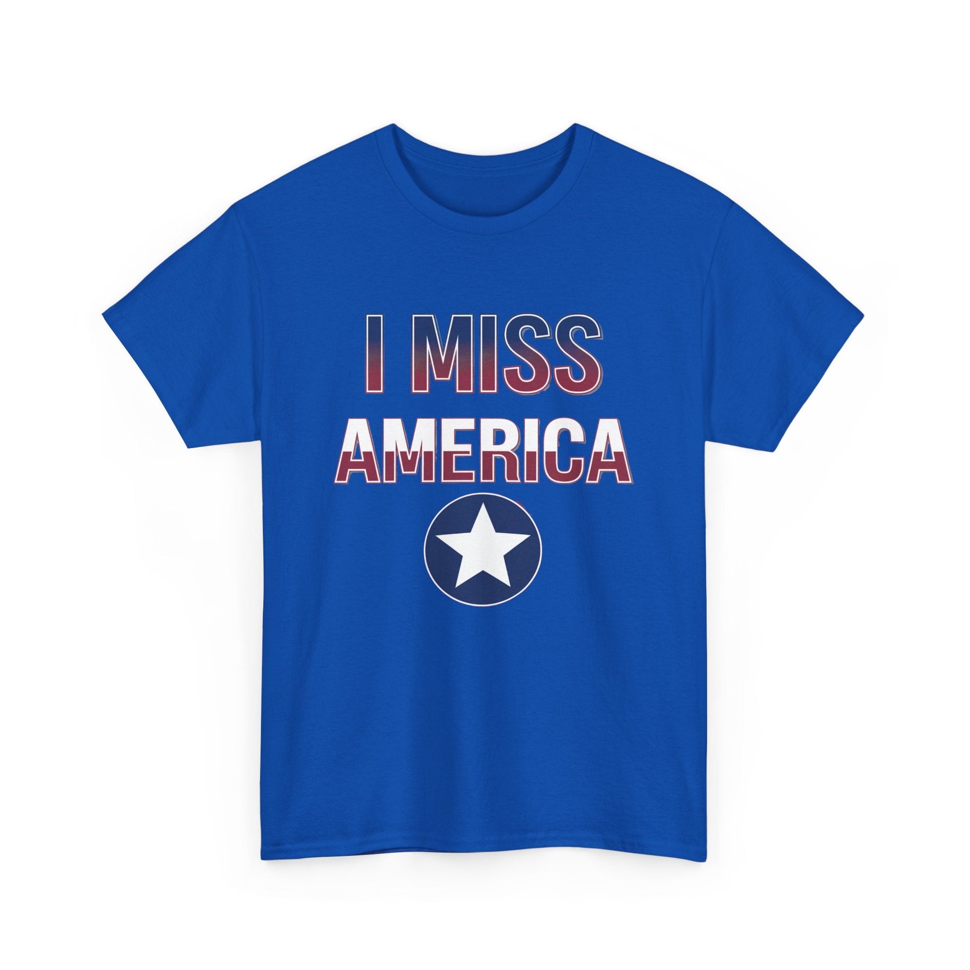 Unisex heavy cotton T-shirt with "I Miss America" star graphic by Ralphie's Funhouse, shown in black and white on a white background.