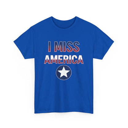 Unisex heavy cotton T-shirt with "I Miss America" star graphic by Ralphie's Funhouse, shown in black and white on a white background.
