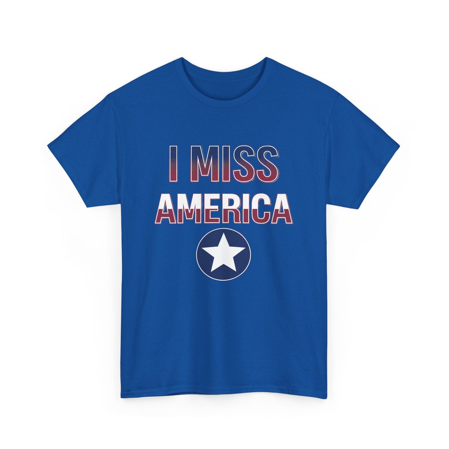 Unisex heavy cotton T-shirt featuring "I Miss America" star design, by Ralphie's Funhouse, in black with graphic print.