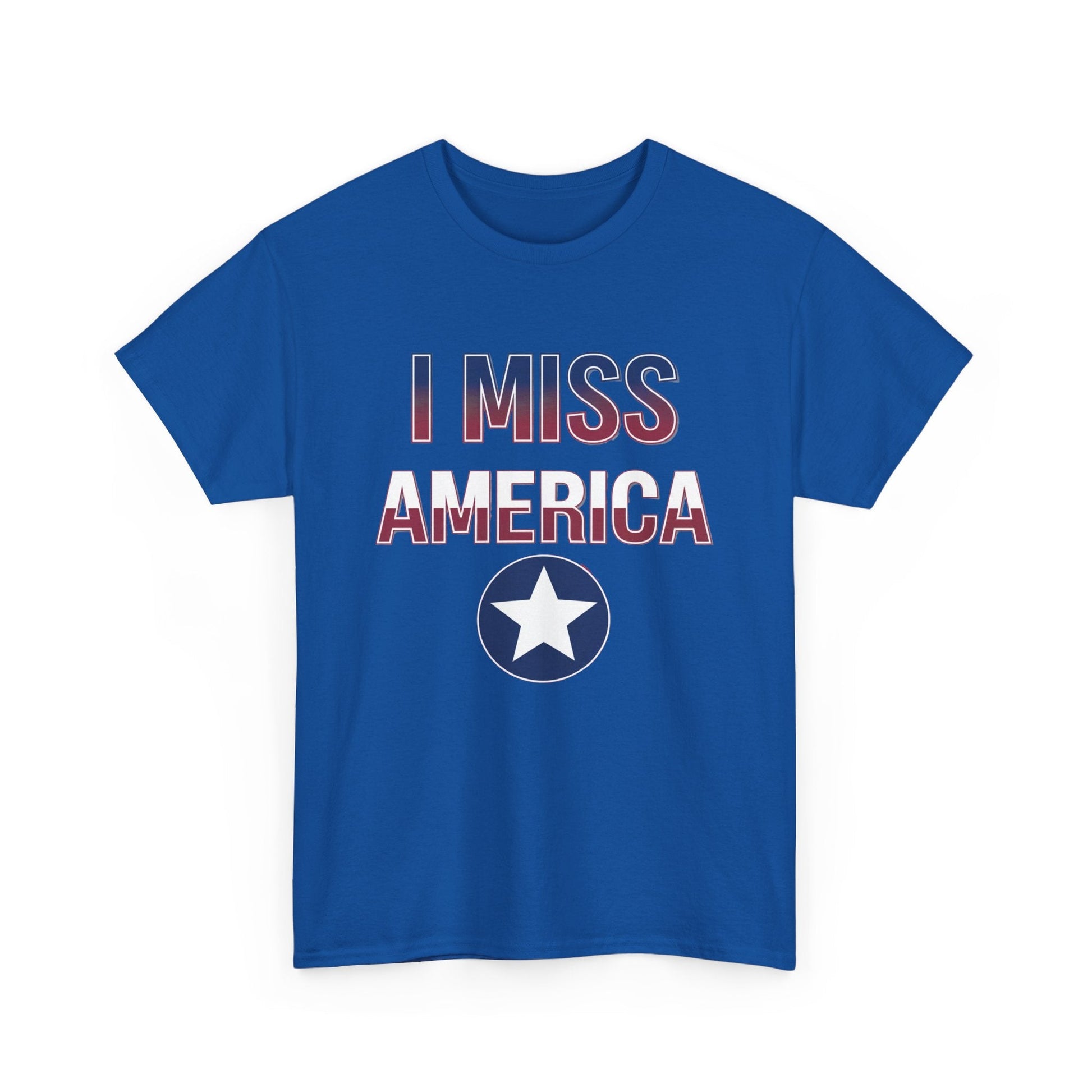 Unisex heavy cotton T-shirt featuring "I Miss America" star design, by Ralphie's Funhouse, in black with graphic print.