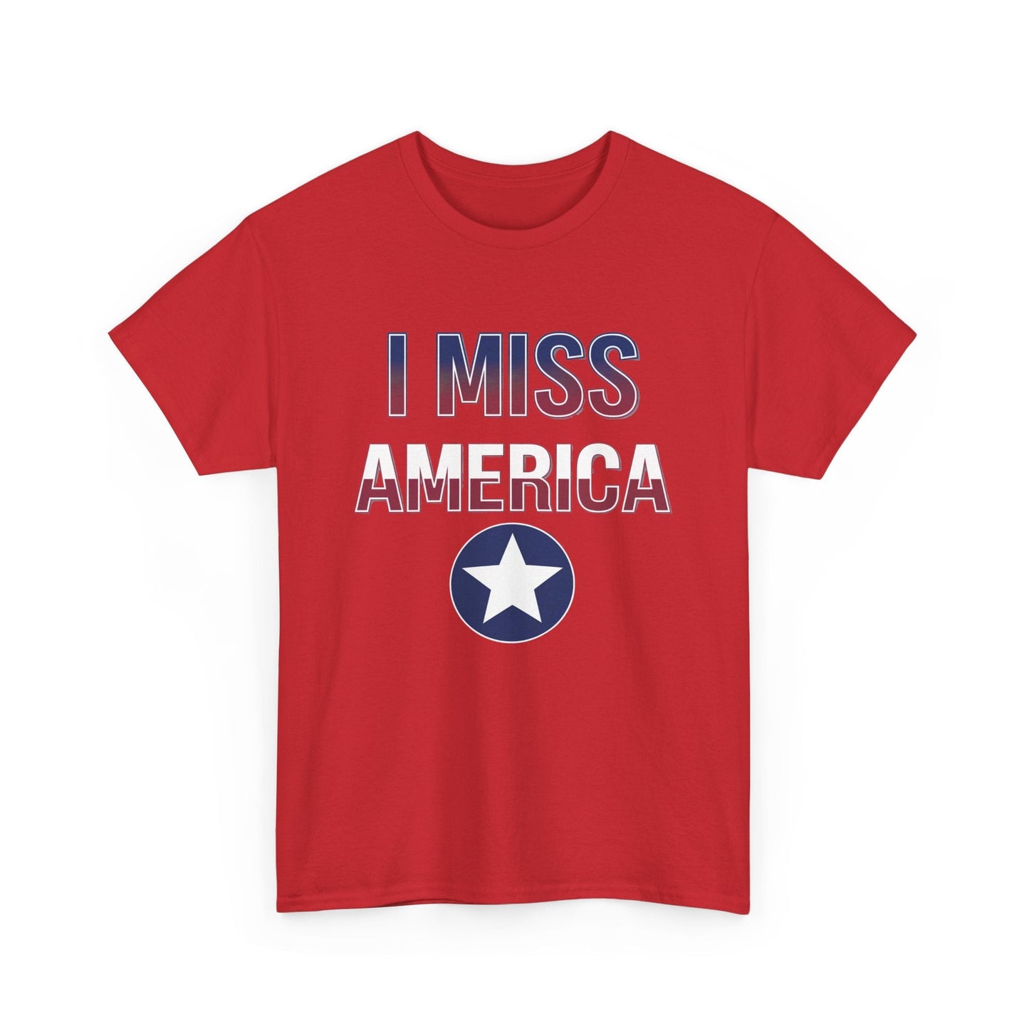 Unisex heavy cotton T-shirt featuring "I Miss America" star graphic, by Ralphie's Funhouse, displayed on a plain background.