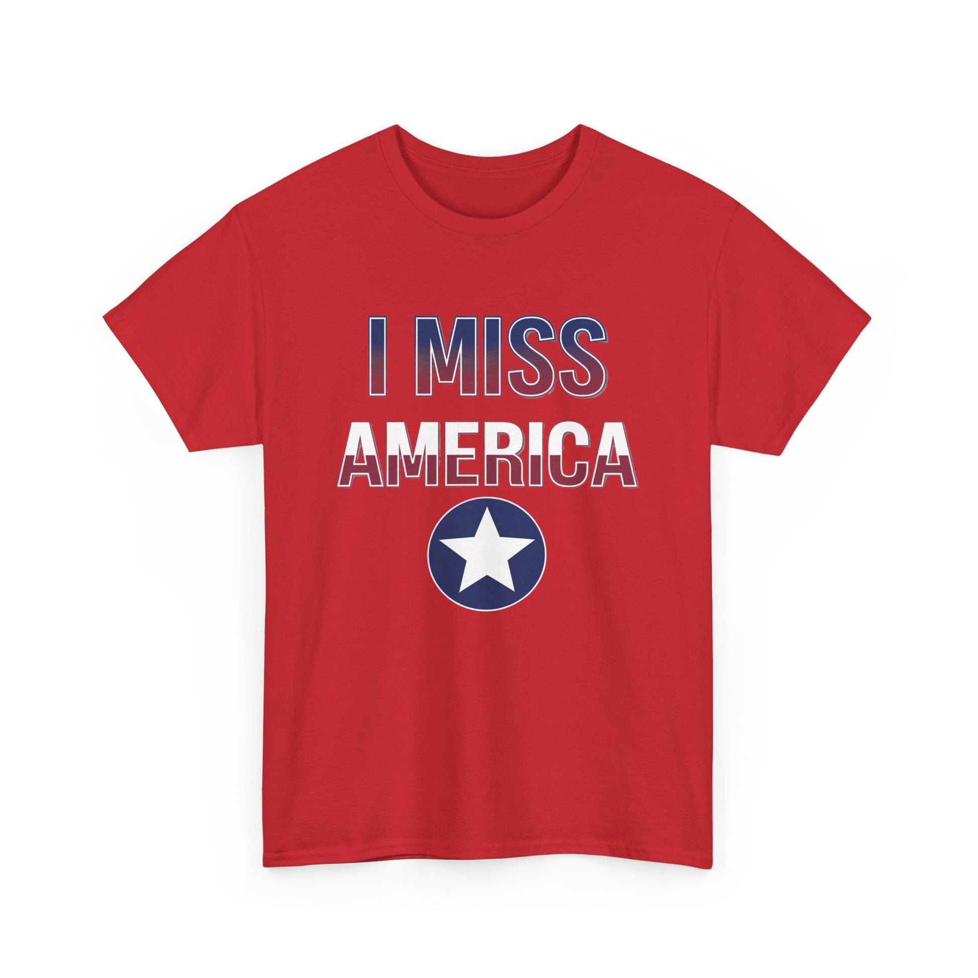 Unisex heavy cotton T-shirt featuring "I Miss America" star graphic, by Ralphie's Funhouse, displayed on a plain background.