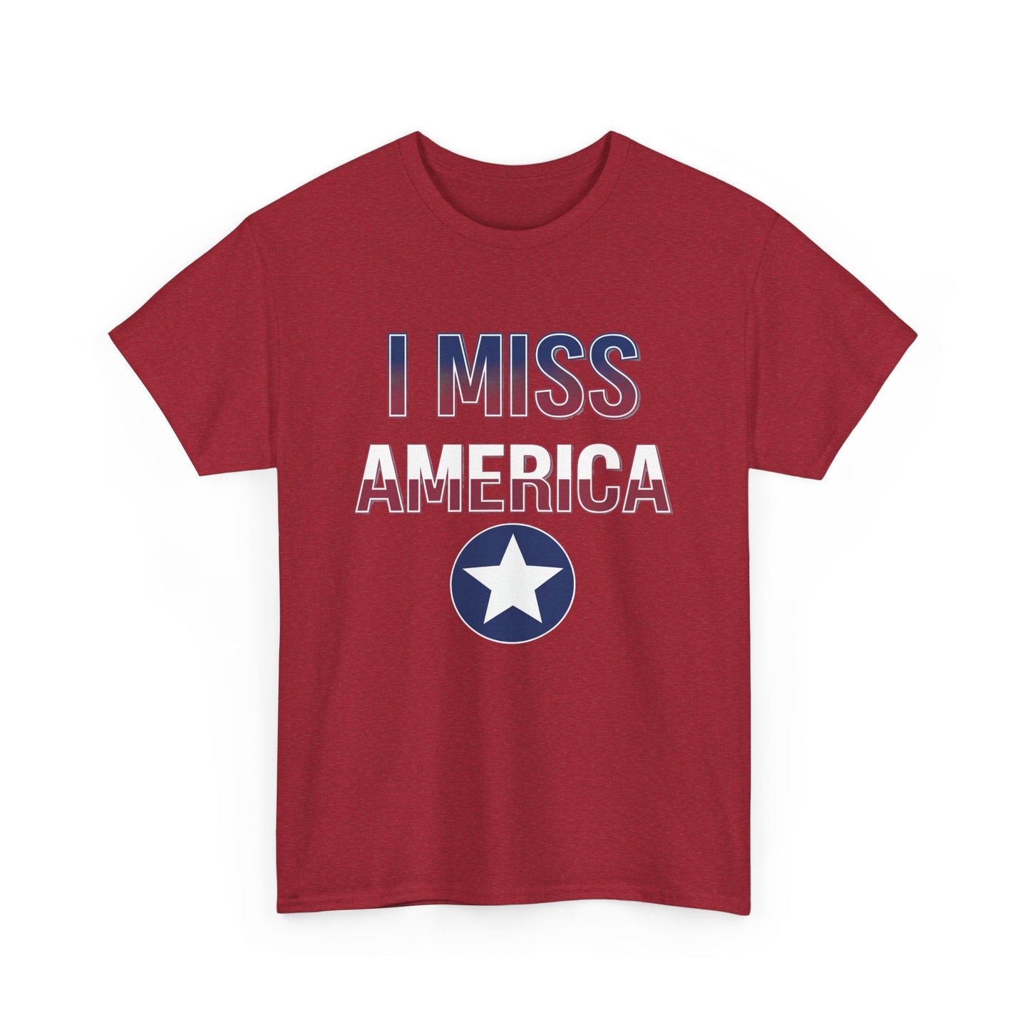 Unisex heavy cotton T-shirt featuring "I Miss America" star design, by Ralphie's Funhouse, shown in black and white.