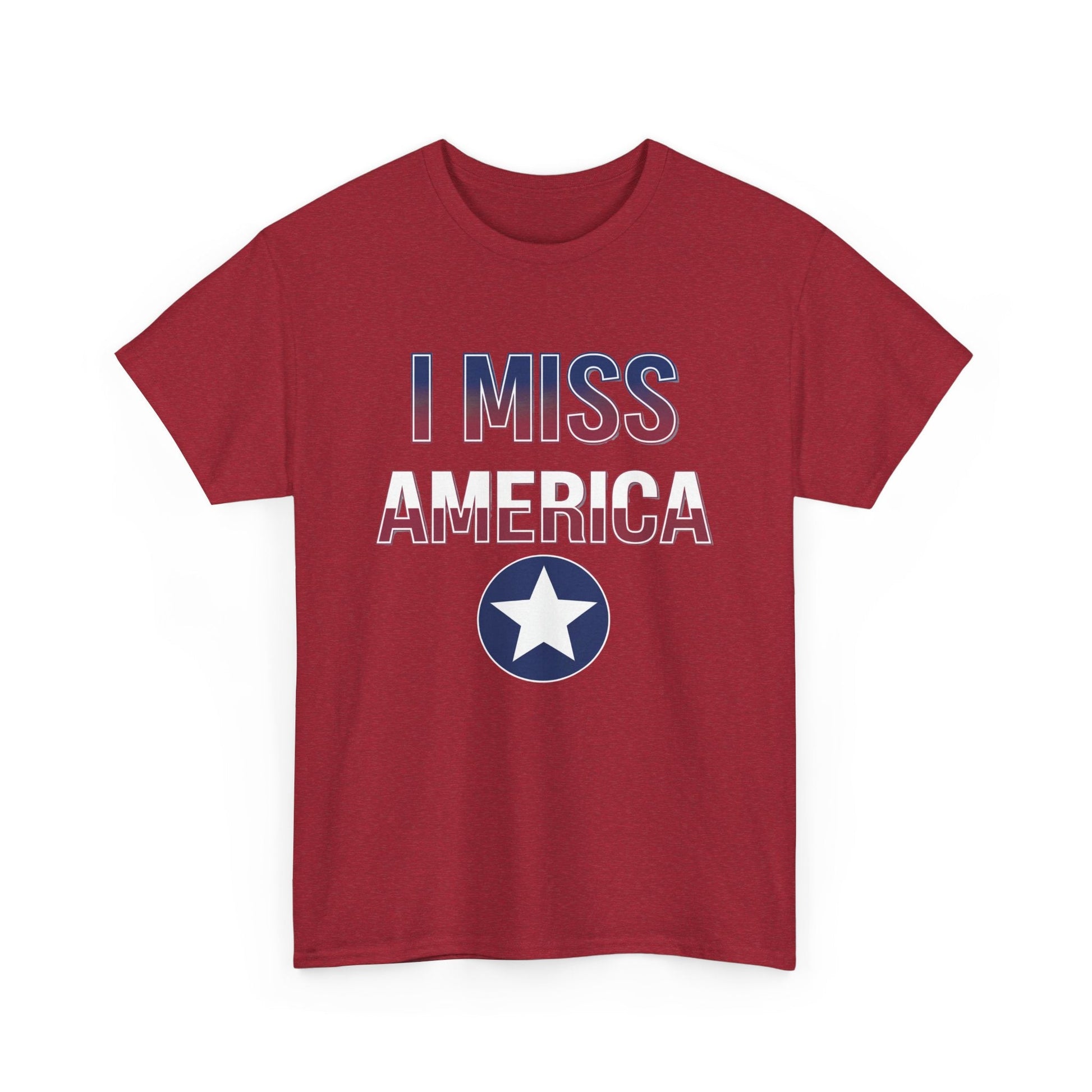 Unisex heavy cotton T-shirt featuring "I Miss America" star design, by Ralphie's Funhouse, shown in black and white.