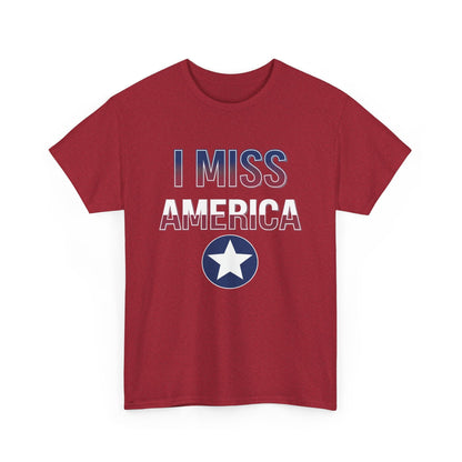 Unisex heavy cotton T-shirt featuring "I Miss America" star design, by Ralphie's Funhouse, shown in black and white.