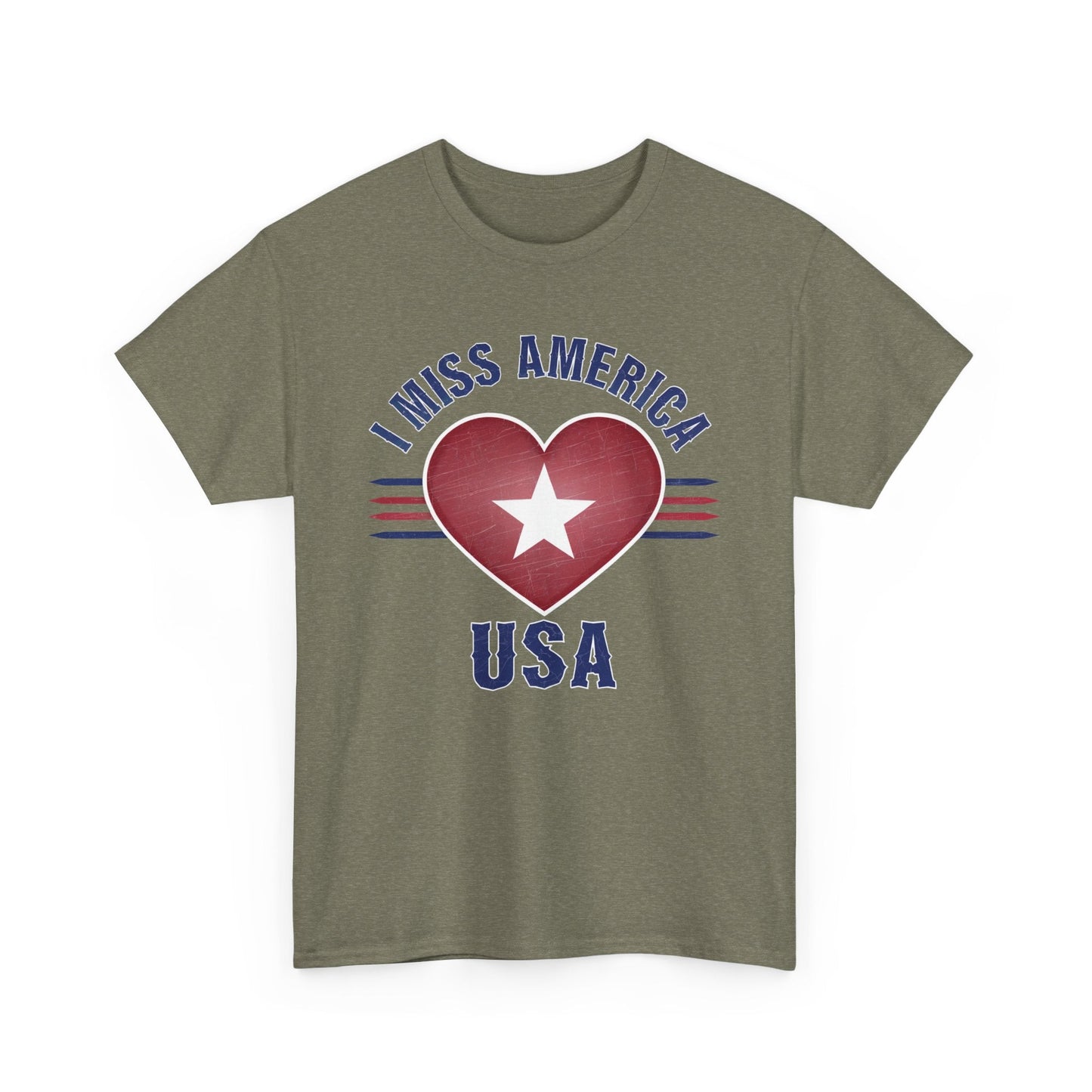 Heather military green unisex Ralphie's Funhouse "I Miss America" heart heavy cotton T-shirt, front view.