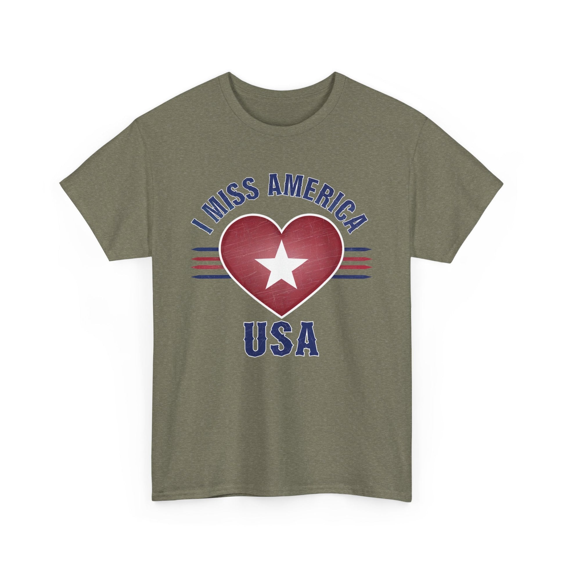 Heather military green unisex Ralphie's Funhouse "I Miss America" heart heavy cotton T-shirt, front view.