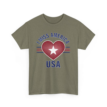 Heather military green unisex Ralphie's Funhouse "I Miss America" heart heavy cotton T-shirt, front view.