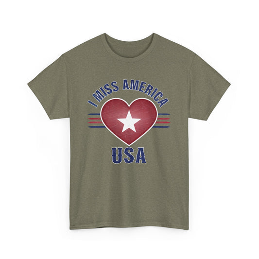 Ralphie's Funhouse "I Miss America" heart unisex heavy cotton T-shirt showing a red heart graphic on white fabric.