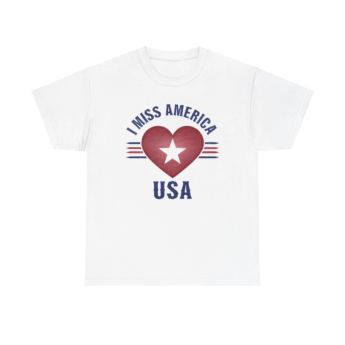 Heather military green "I Miss America" heart unisex heavy cotton T-shirt by Ralphie's Funhouse, with a bold heart graphic.