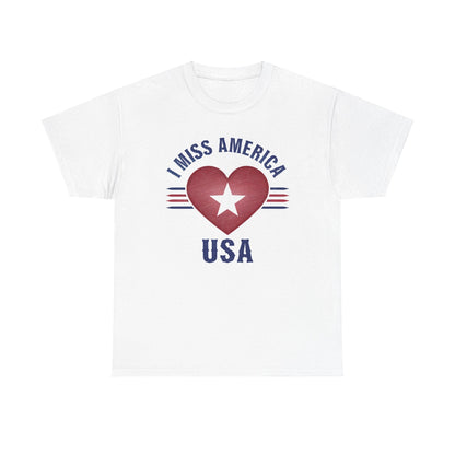 Heather military green "I Miss America" heart unisex heavy cotton T-shirt by Ralphie's Funhouse, with a bold heart graphic.