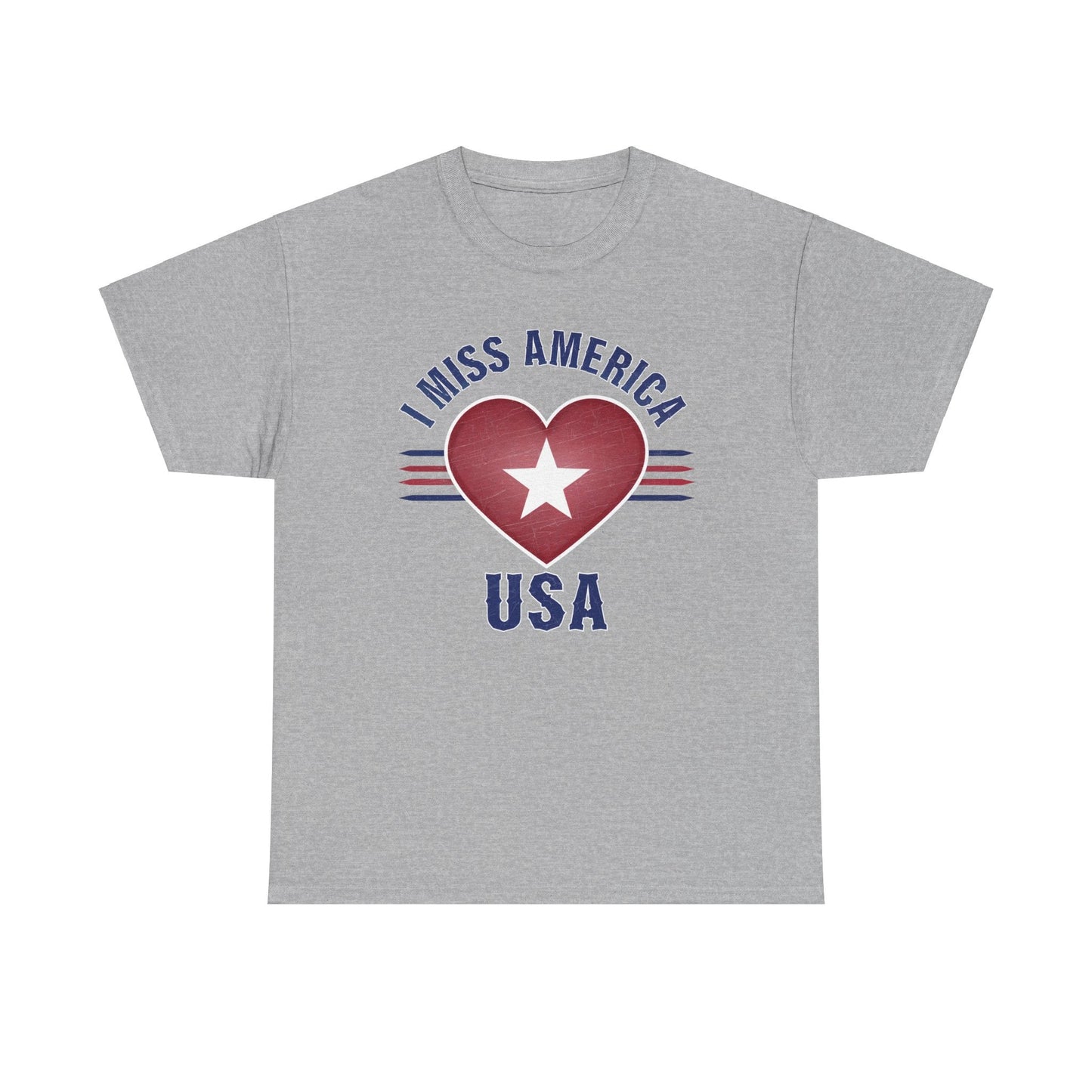 Unisex Heather Military Green T-Shirt with "I Miss America" Heart graphic by Ralphie's Funhouse. Heavy cotton fabric.