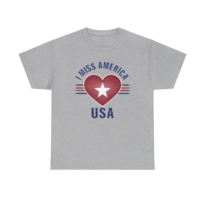 Unisex Heather Military Green T-Shirt with "I Miss America" Heart graphic by Ralphie's Funhouse. Heavy cotton fabric.