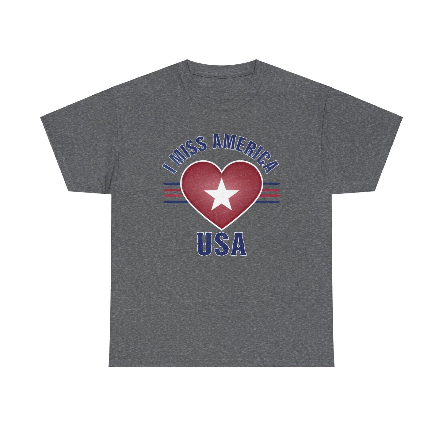 Heather military green "I Miss America" heart unisex heavy cotton T-shirt by Ralphie's Funhouse, featuring bold graphic design.
