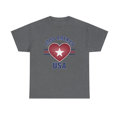 Heather military green "I Miss America" heart unisex heavy cotton T-shirt by Ralphie's Funhouse, featuring bold graphic design.