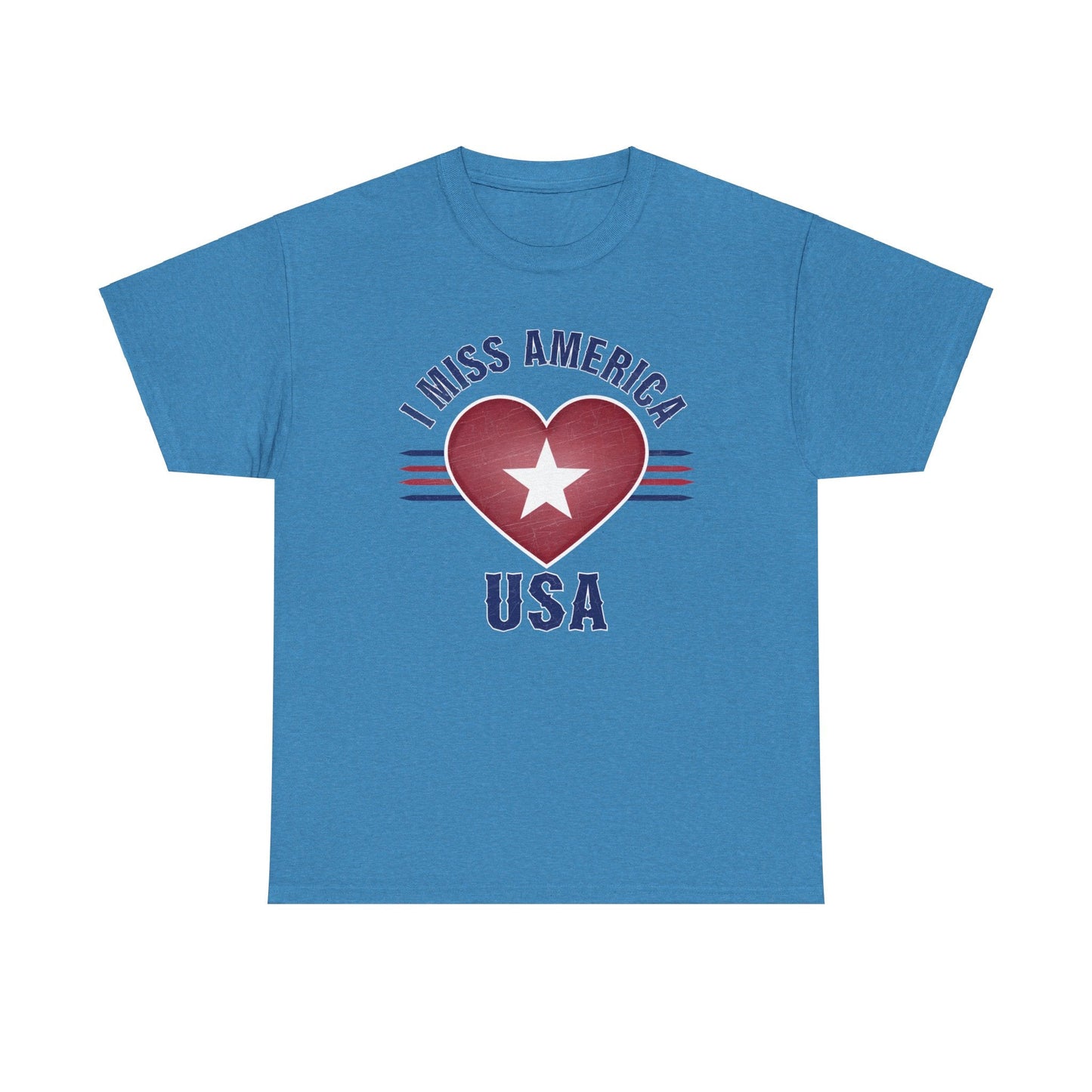 Heather military green unisex cotton T-shirt with "I Miss America" heart graphic, by Ralphie's Funhouse.